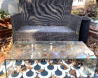 SOLD    $164   Outdoor Wicker Bench/ Loveseat 49 1/2 x 28" deep x 36" tall seat back  24" tall arm rest  with Arms 