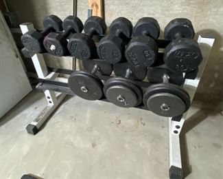 2-tier weight rack offered for $50. Weights: Set of 20lbs for $20, set of 25lbs for $25, set of 30lbs for $30, set of 50lbs for $50.