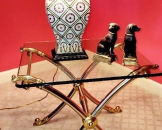 Walter E. Smithe, black cushion sofa. Excellent condition.  Coffee table, glass and brass side tables (LaBarge) 