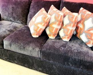 Walter E. Smithe, black cushion sofa. Excellent condition.  Coffee table, glass and brass side tables (LaBarge) 