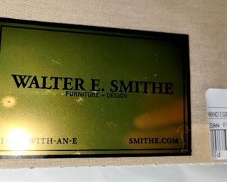 Walter E. Smithe, black cushion sofa. Excellent condition.  Coffee table, glass and brass side tables (LaBarge) 