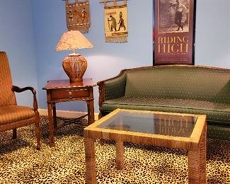 Vintage, empire  Settee,   Lexington Palmer House  Collection end table , wicker and glass tables