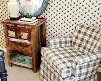 Plaid , ladies, arm chair,  reclaimed wood side table, metal round mirror 