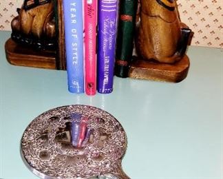 Cat book ends,  vintage silver hand mirror 