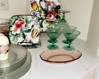 Green Depression glass, Italian painted dessert set