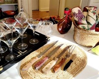Kitchen Knives, martini glasses, black lacquer trays 