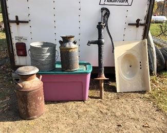 Vintage Buhl Milk Churn Canister w/lid - $30.00                       Vintage Geerpres Galvanized Mop Bucket - $5.00                                      Vintage Tri State Butter Co. Milk Churn Canister  -bottom is rusting out - $10.00                                                                            Vintage Cast Iron Hand Water Well Pump - $100.00 New/Old Stock American Standard Marble Sink  Never installed - $20.00