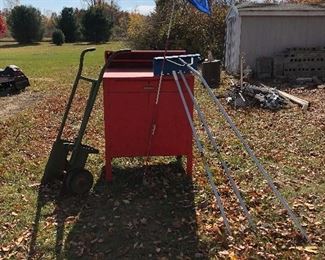 Barrell Dolly $50.00                                                                                                  16 Foot Roof Rake Ice Dam Rake - $20                                                     Vintage 60's Steel Shop cabinet with Slanted Drafting top and shelves.   $35.00                                                                                          