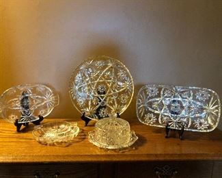  $5.00 for the Lot. Vintage Anchor Hocking Star of David Relish Dish 3 divided , 10 inch divided relish dish, serving plate/dish/tray( Star David), and 3 divided dish and a dome covered scallop edge etched covered serving dish. . Great condition.