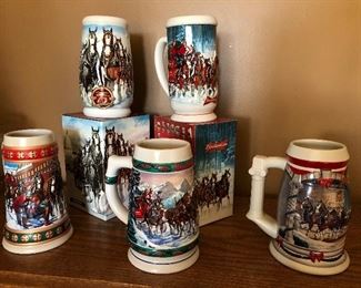 $8.00 for the lot of 5-Vintage Budweiser Beer Steins Holiday . 1 with box 2008 75 years of Proud Tradition, 1 with box Holiday Stein 2007, 2001 Holiday at The Capital, 1993 Special Delivery by Artist Nora Koerberand 1993 Hometown Holiday