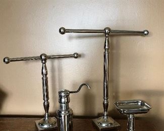 $8.00 for the set. Silver Bathroom Accessories Towel Holders Soap Dish and Soap Pump.  Heavy bases Heavy Duty.                                    .