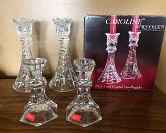 $3.00 for the lot. Caroline by Imperial Crystal Candlestick Holders in box TOWLE Crystal Candlestick Holders with tags.