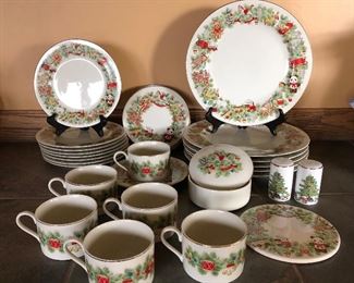 $15.00-Christmas Holiday Dinner China Set Service for 6 Toy Shop by David SHIBATA Japan  6 Cups/6 Saucers, Covered Bowl, Trivet (small chip by horse head on white background - unnoticeable)  Salt and pepper shakers, 6 dinner plates, 6 dessert/salad plates (2 extra plates - total 8)   $15.00for entire set