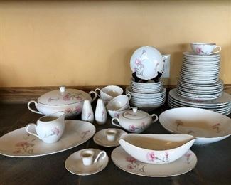 $20.00for the set .Vintage Royal Court China full service for 6  Carnation Pink Gold Trim from Japan - Salt and pepper, cream and sugar, gravy boat and saucer, two candlestick holders, oval serving plate, vegetable dish with lid and handles, 6 cups, 6 saucers with 2 extra (total 8) 6 small plates (1 extra total 7) 6 medium plates (2 extra total 8) 6 dinner plates, 6 small bowls (2 extra total 8)  6 bowls (1 extra total 7)   Great condition.   $20.00