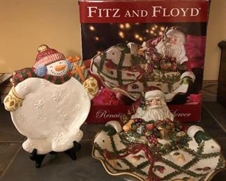 $ 10.00 for the lot of 2 items. Fitz and Floyd Classics Snowman Frosty Folks 10 1/2 inch Plate Cookie/Appetizer/Candy Dish  and Fitz and Floyd Classics Renaissance Santa Server Centerpiece with Box 
