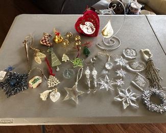 $5.00 for all. Glass Trees, Gold Bulb, Clear acrylic ornaments 3(1986), Glass Star, Misc acrylic ornaments, bells, Velvet box 3 turtle doves. Nice lot. Stand not included. 