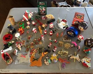 $5.00 for the lot. Santa Ornaments, Dogs, Boyds Bear, Dept 56,Vintage wood ornaments, Misc ornaments. Stand not included. 