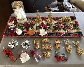 $6.00 for the Lot. Angel Tree topper (tested) ,Brass Tree Candle holders, Cardinal Table runner( folded in half) ,Vintage gold clips , misc ornaments. 