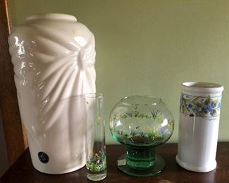 $4.00 for all 4 items. Tall Cream Vase with tag Harris Pottery Chicago, Bud Vase Hand Painted Flowers/Butterflies, Bowl Hand Painted Flowers/Dragonflies, Hallmark Nature's Sketchbook Bee's Flower Marjolein Bastin