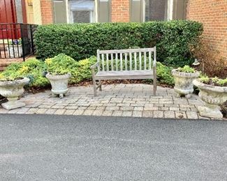 Teak bench and concrete planters