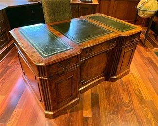 Custom burlwood partner's desk with dark green leather top