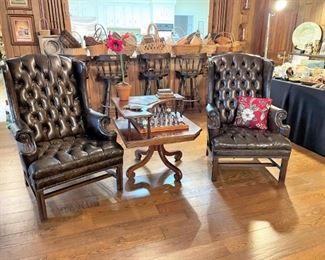 2 LEATHER WING BACK CHAIRS AND CORNER STEP BACK TABLE