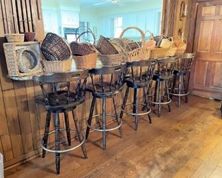 WOOD SWIVEL BAR STOOLS AND BASKETS