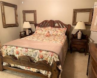 QUEEN BED AND NIGHT STANDS WITH OVAL MIRRORS