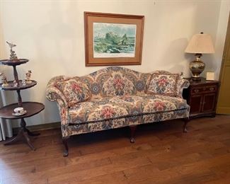 CAMEL BACK SOFA WITH QUEEN ANNE LEGS, DREXEL SIDE TABLE AND 3 TIER PIE CRUST ANTIQUE TABLE