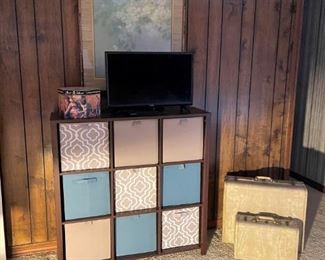 WOOD CABINET WITH CLOTH CUBBY HOLE DRAWERS, SAMSONITE LUGGAGE