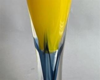 Adam Jablonski Signed Blue and Yellow Art Glass Vase