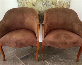 Pair of Mid Century Modern Barrel Chairs, Ultra Suede Upholstered