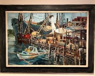 Mid Century Modern “Harbor Scene” Oil on Canvas, Signed Knight 