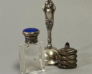Sterling Silver Handle Bell, Sterling and Enamel Top Bottle and Sterling Silver Perfume 