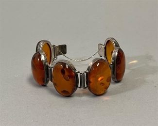 Mid Century Modern Baltic Amber and Sterling Silver Bracelet 