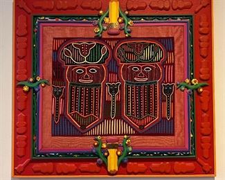 Vintage Framed Folk Art Kuna Mola Embroidered Textile Art, Signed in Verso Dennis Davis and titled “Pencils”