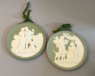 Pair of Wedgwood Style Green Jasperware Greco-Roman Plaques 