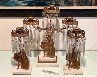 Antique 3 Piece Girandole Candelabra Candlestick Mantle Set with Crystal Prisms 