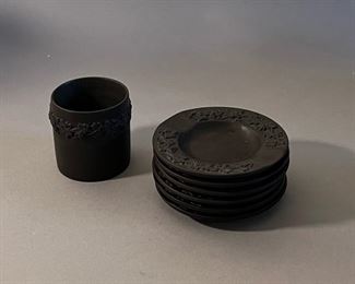 Vintage Black Wedgwood Set of 6 Individual Ashtrays and Cigarette/Match Holder