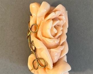 Carved Angel Skin Coral and 14K Gold Brooch 