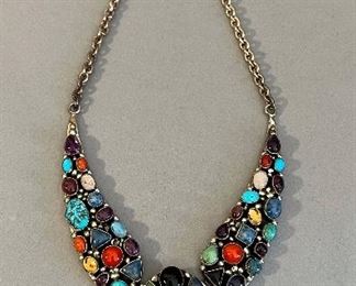 Signed Daniel Mike Sterling Silver and Multicolor Natural Turquoise, Coral, Lapis and Other Stones, Native American Necklace 