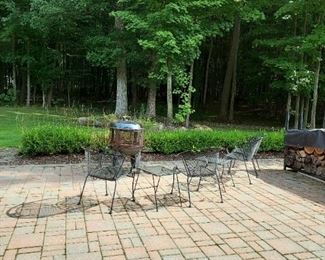 Fire pit, iron chairs with table