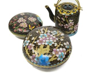 Cloisonné: Minature Teapot, and Two Trinket Boxes
