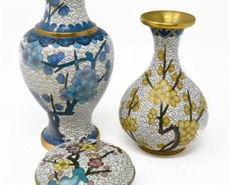 White Cloisonné: Two vases and Trinket Box