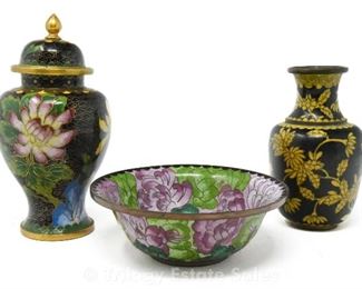 Black Cloisonné: Yellow Flower Vase 5"; Urn with lid 6.5"; Bowl 5"