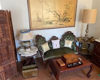Victorian Settee, rosewood table, vintage calligraphy set 