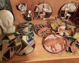 Mendel Baldessari Round Copper and Stained Glass Zodiac Signs / Round Stain Glass Hangers