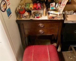 Antique Sewing Machine with Storage Bench / Sewing Notions and Supplies