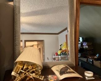 Silver surround large mirror, wall lamps, miscellaneous 