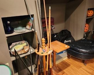 Upstairs - pool stivks & holder, small wooden stand and Miscellaneous 